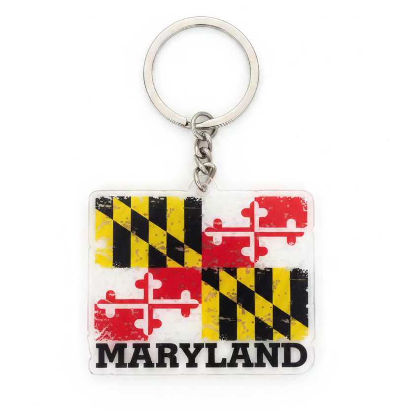 Keychain with Maryland flag design on a white background