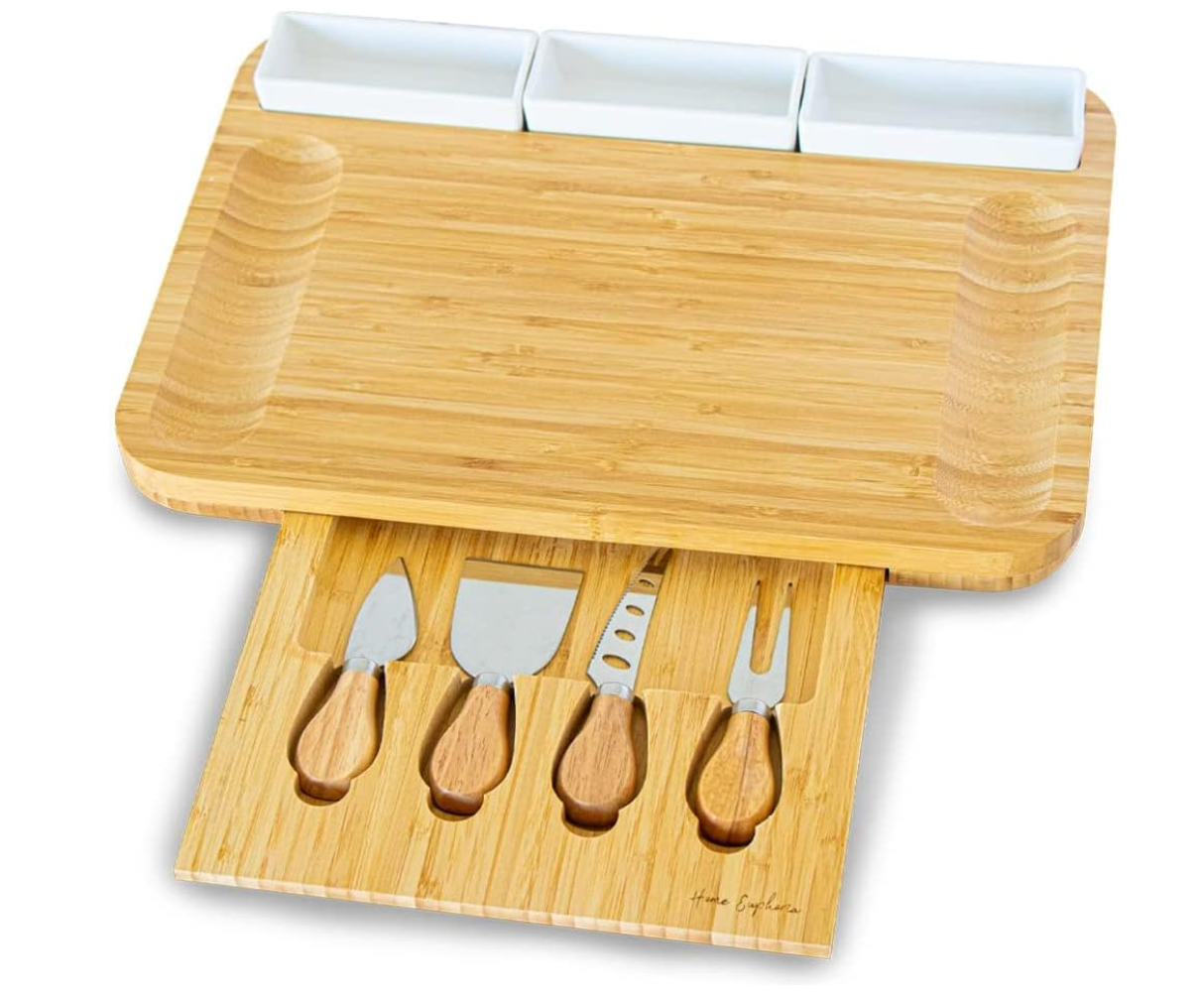 Home Euphoria Large Bamboo Charcuterie Board and Knife Set - Cheese Board with Bowls, Beautiful Gift for Mom