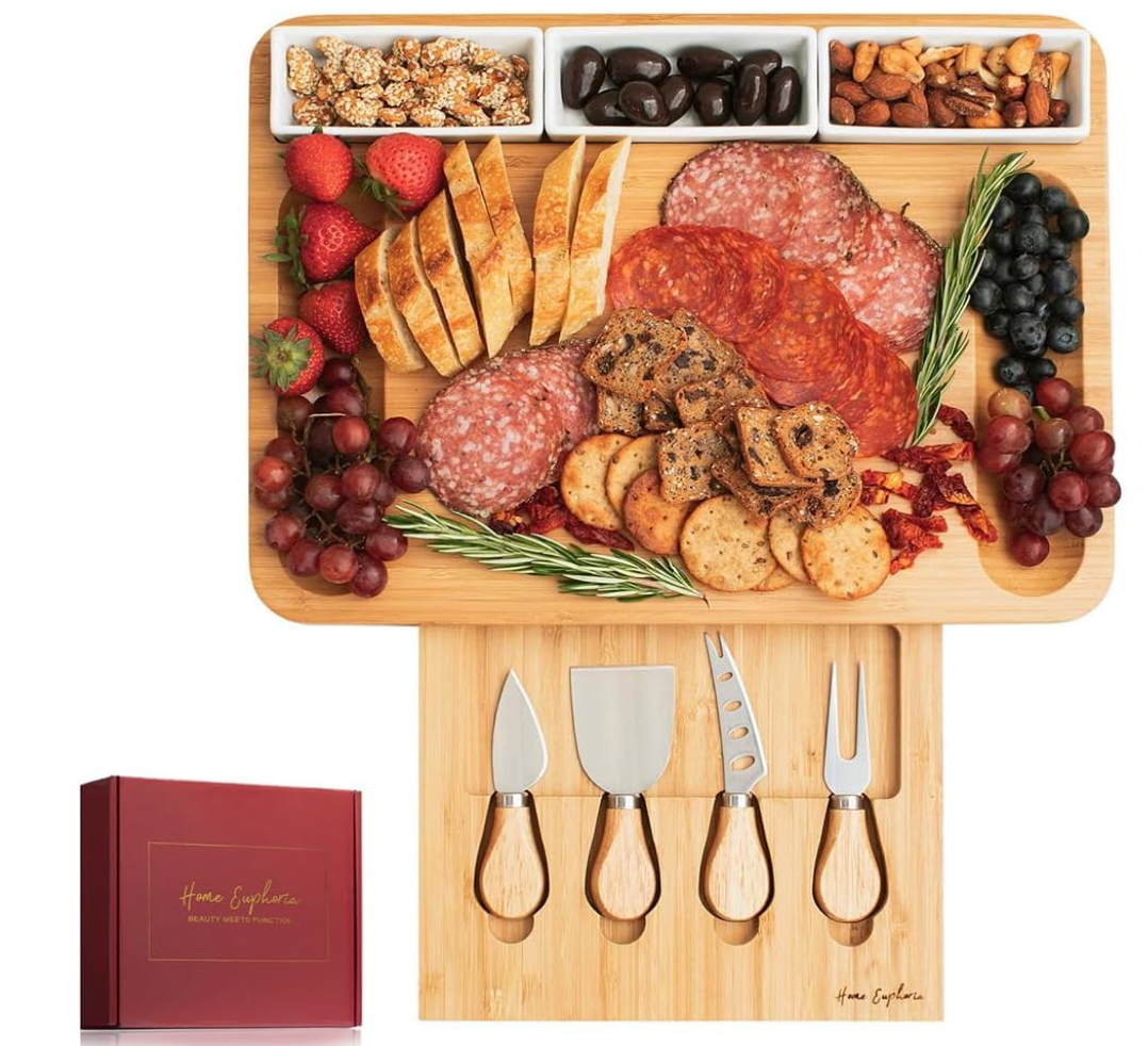 Home Euphoria Large Bamboo Charcuterie Board and Knife Set - Cheese Board with Bowls, Beautiful Gift for Mom