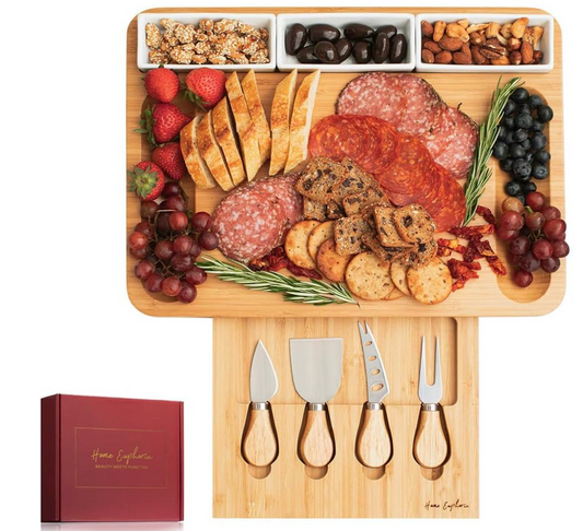 Home Euphoria Large Bamboo Charcuterie Board and Knife Set - Cheese Board with Bowls, Beautiful Gift for Mom