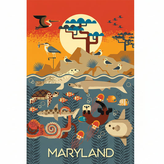 Maryland Geometric Marine Animals & Tree on Hill Postcard