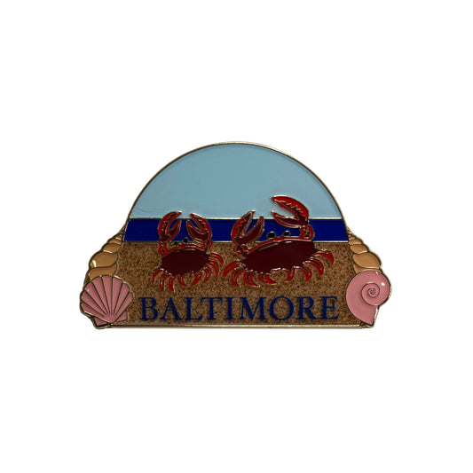 Baltimore Beach Fridge Magnet featuring Maryland Blue Crabs, Chesapeake Bay Beach Scene, and Seashell Design