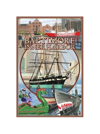 Baltimore Inner Harbor postcard featuring waterfront attractions and historic ships