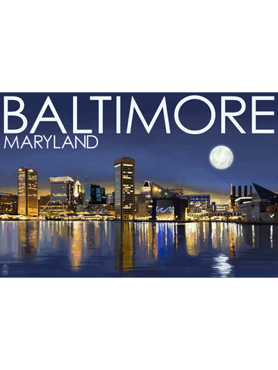 Baltimore Skyline at Night Postcard with illuminated harbor reflections