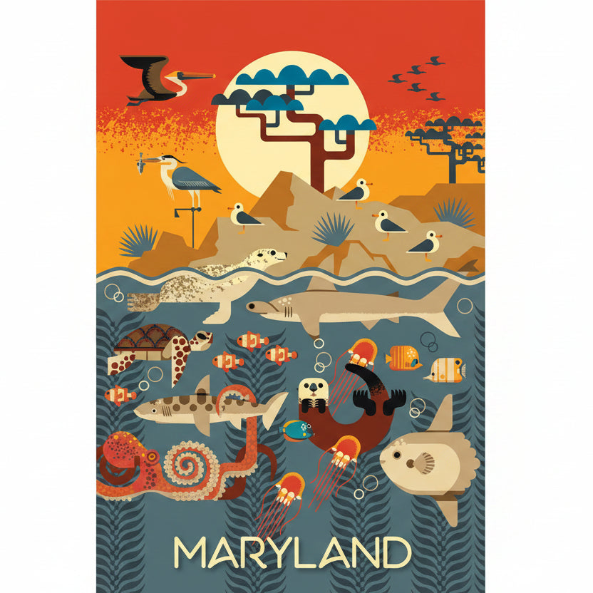 A stylized travel poster of Maryland featuring a colorful underwater and coastal scene with fish, seals, birds, a tree, and the word 'MARYLAND' at the bottom.