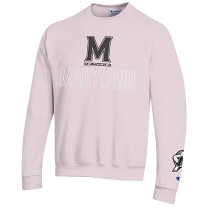 Champion University of Maryland Pink Crewneck Sweatshirt with Block M Logo and Maryland Lettering