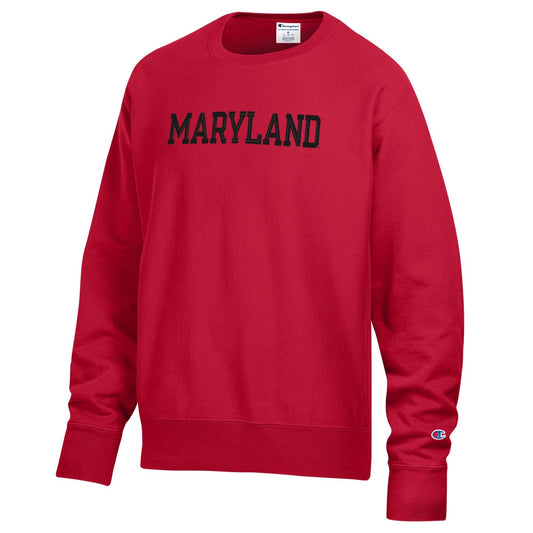 Champion Embroidered Reverse Weave Maryland Crewneck Red with Embroidered MARYLAND Lettering