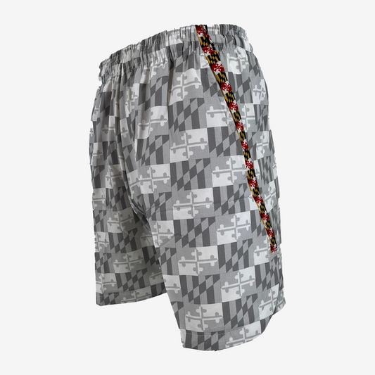 Gray checkered shorts with a colorful stripe on a white background