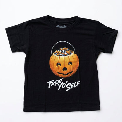A black short-sleeve t-shirt with a Halloween graphic of a jack-o'-lantern bucket filled with candy and the text 'TREAT YO'Self' in white script, displayed flat against a white background.
