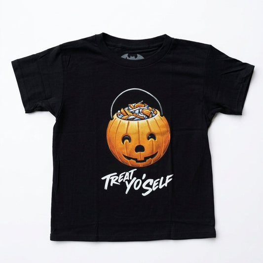 A black short-sleeve t-shirt with a Halloween graphic of a jack-o'-lantern bucket filled with candy and the text 'TREAT YO'Self' in white script, displayed flat against a white background.