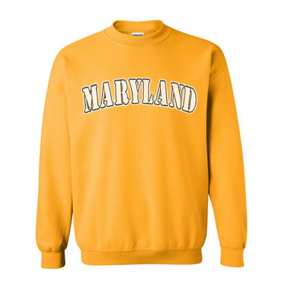 Maryland Gifts White Plain Text Crewneck Sweater Gold with Bold White MARYLAND Lettering