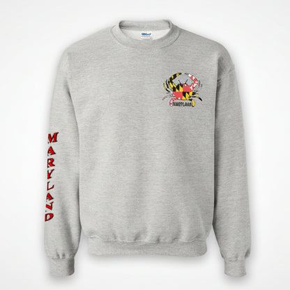 Maryland Crab Crewneck Sweatshirt Grey with Embroidered Maryland Flag Crab and MARYLAND Sleeve Lettering