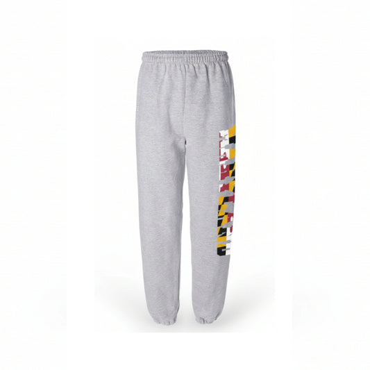 Light gray heather sweatpants with an elastic waistband and cuffs, featuring a vertical graphic print of the Maryland state flag on the right leg.