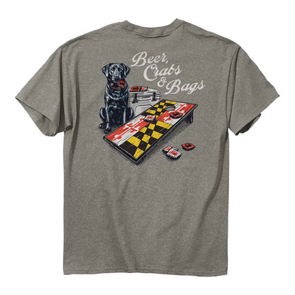 Gray t-shirt with a graphic of a dog playing cornhole and text 'Beer, Crabs & Bags' on a white background.