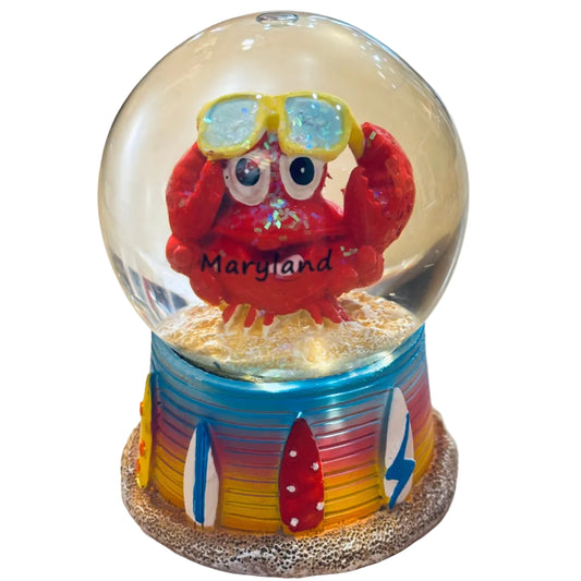Maryland crab snow globe with a red crab-shaped base, front view