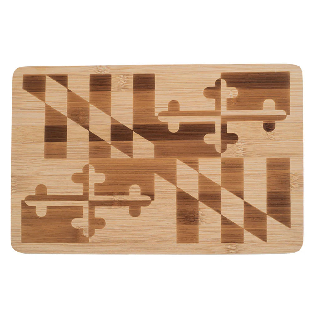 Rectangular bamboo cutting board with Maryland state flag design in natural wood tones