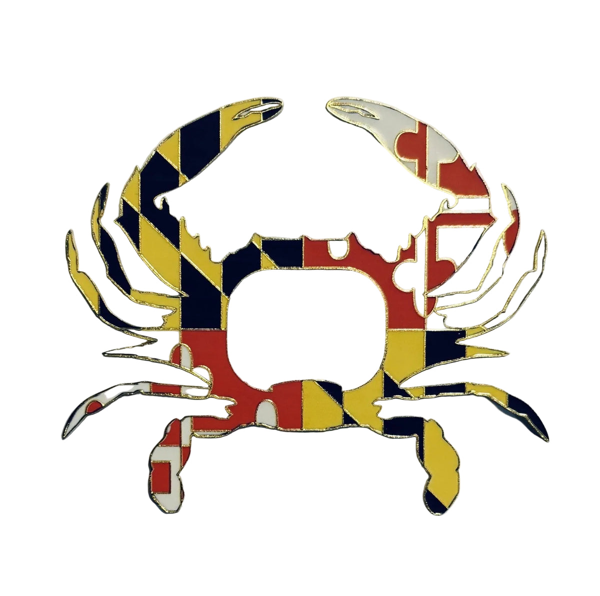 A metal bottle opener shaped like a crab, decorated with the Maryland state flag pattern of red, yellow, and black diamonds with white borders, shown on a light gray background.