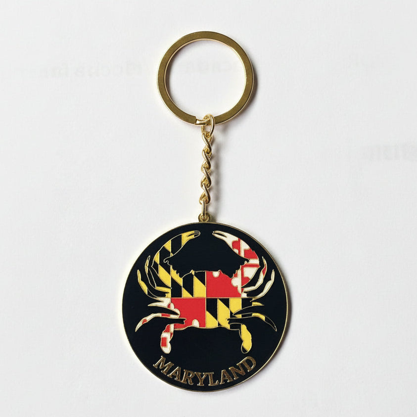 Maryland Flag Crab Keychain 2 x 2 Inch Black and Gold