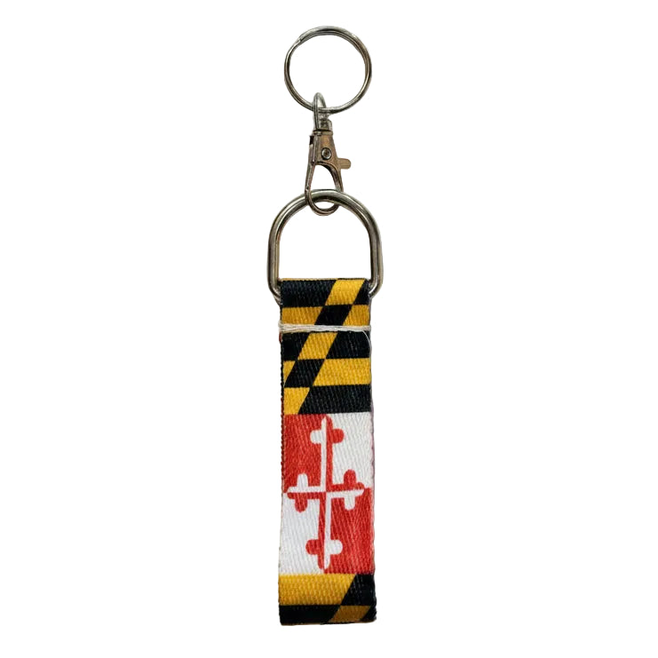 Keychain with Maryland flag design on a white background