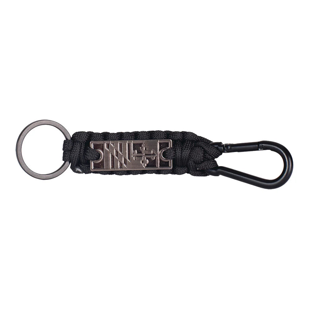 Black keychain with carabiner and metal clip on a white background