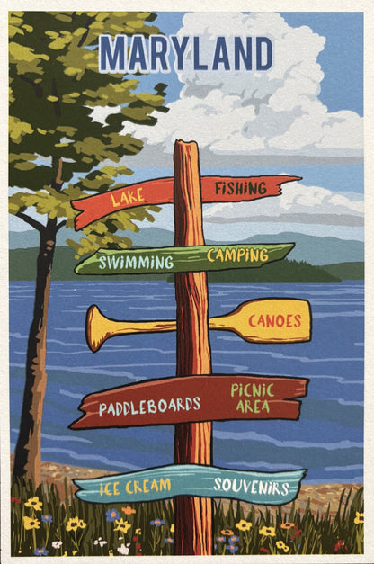 Maryland Lake Outdoor Adventure Postcard with Fishing Camping and Canoeing