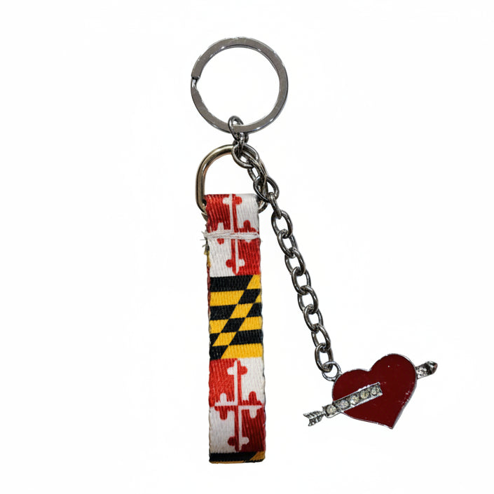 Keychain with Maryland flag design and heart-shaped charm on a white background
