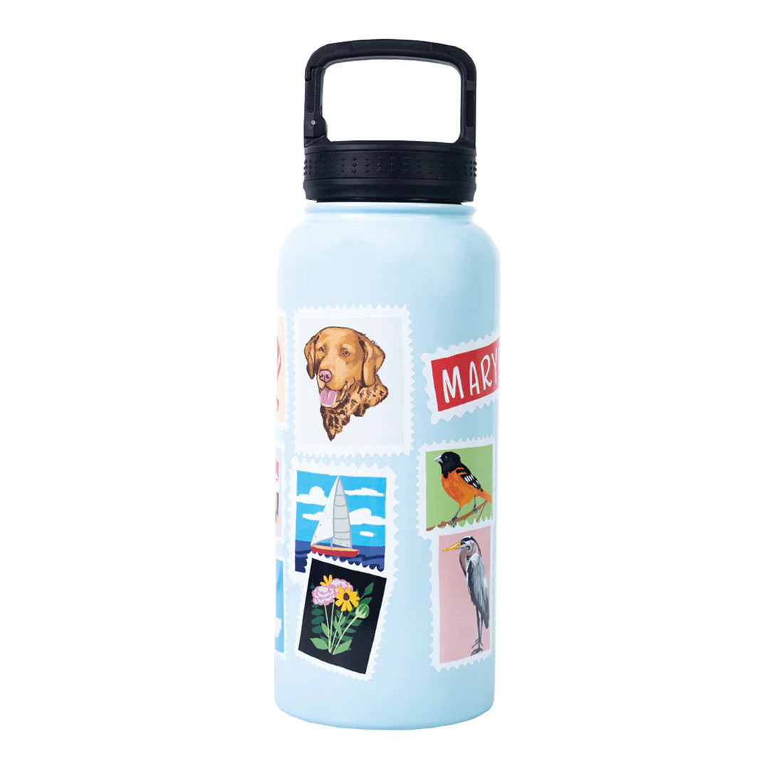 Maryland Stamps 32oz Reusable Water Bottle with Maryland Landmark and State-Inspired Stamp Design