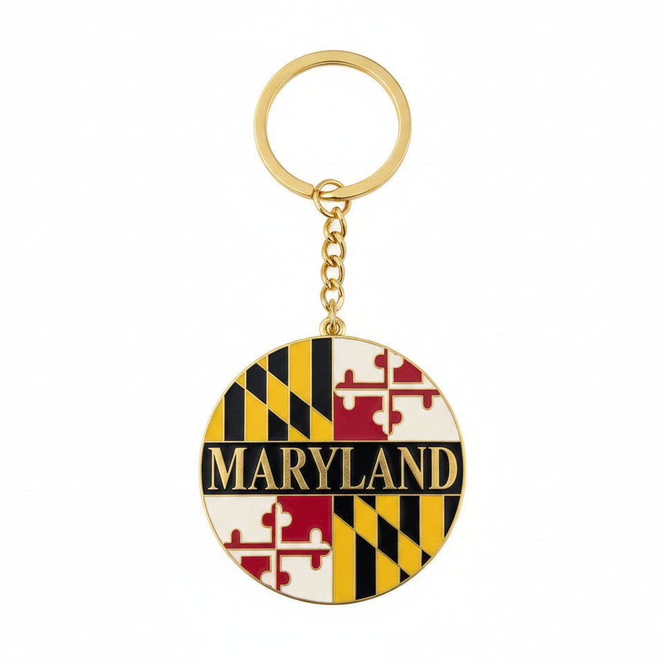 Maryland State Flag Round Keychain with Gold-Tone Key Ring
