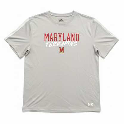 A light gray short-sleeve athletic t-shirt featuring 'MARYLAND TERRAFINERS' printed on the chest in red and white, with the Maryland 'M' logo below. The Under Armour logo is visible on the bottom right hem.