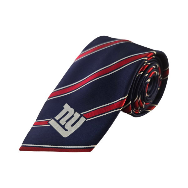 Navy blue tie with red and white stripes and a logo on a white background