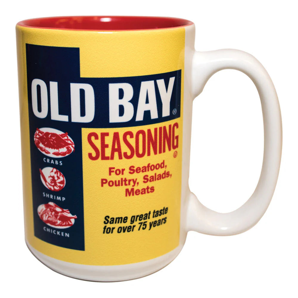 Mug with Old Bay seasoning label on a white background