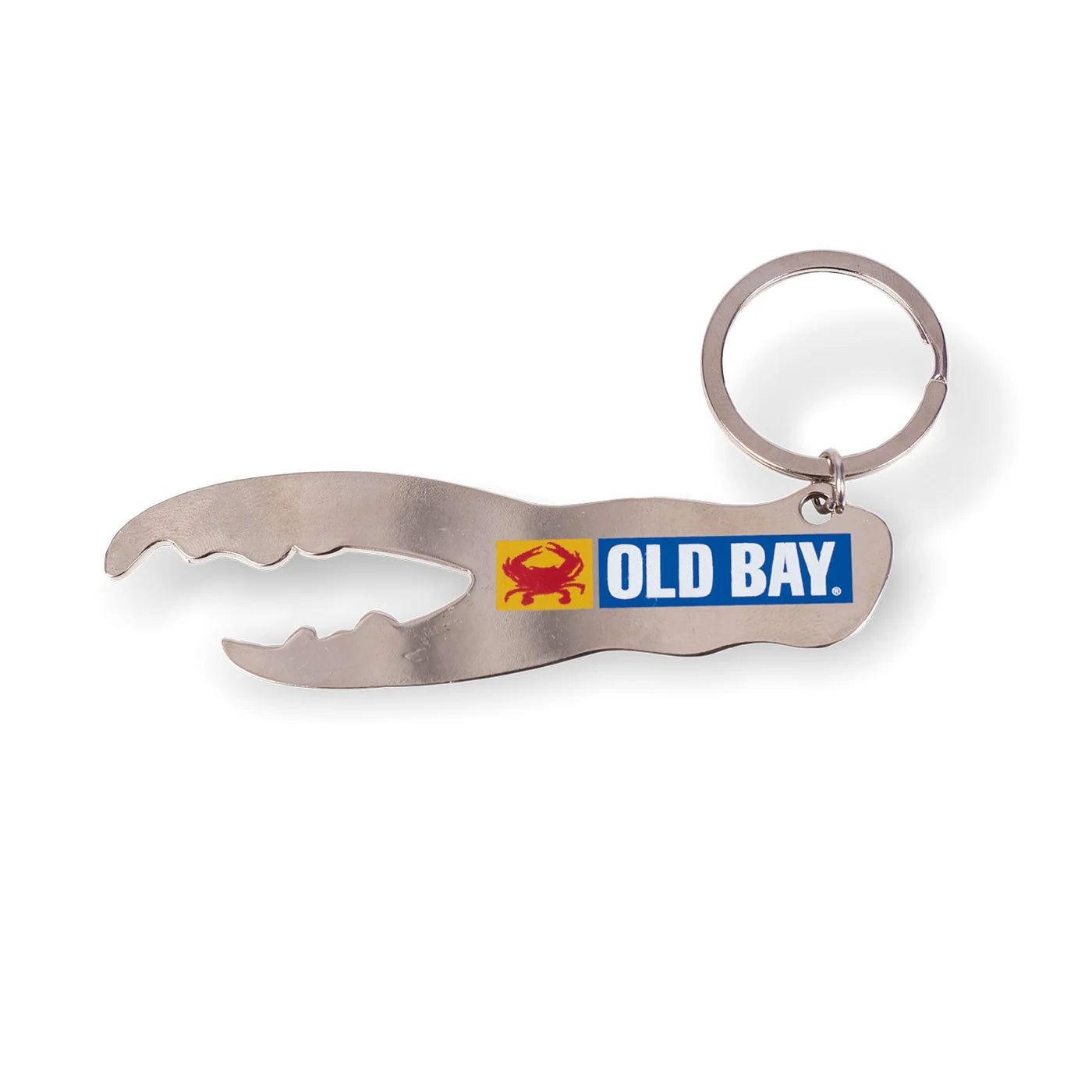 Metallic crab-shaped keychain with Old Bay logo on a white background