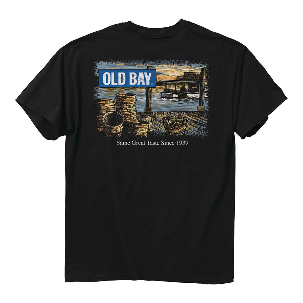 Black t-shirt with Old Bay logo and text on a white background
