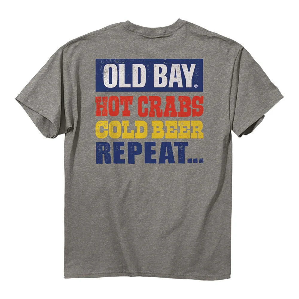 Gray t-shirt with colorful text on a white background