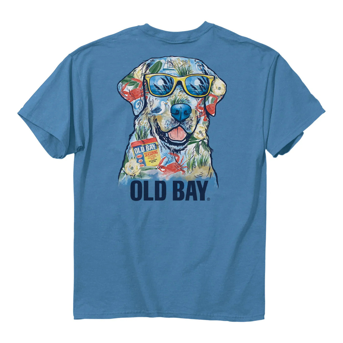 Blue t-shirt with a colorful dog graphic and 'Old Bay' branding on a white background