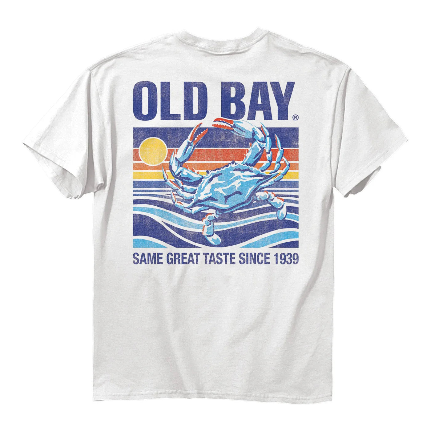 White t-shirt with Old Bay graphic featuring a blue crab and sunset design on a white background