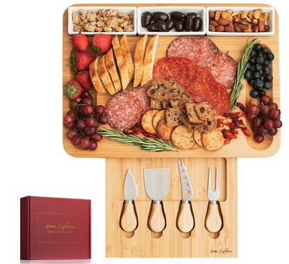 Home Euphoria Large Bamboo Charcuterie Board and Knife Set - Cheese Board with Bowls, Beautiful Gift for Mom