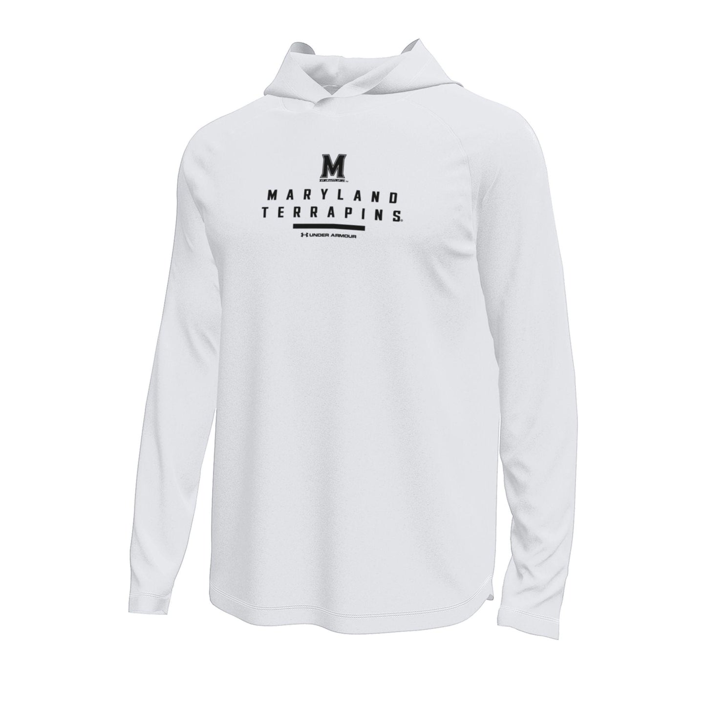 A white long-sleeve hooded shirt with a black printed 'Maryland Terrapins' logo on the chest, displayed on a clean white background.