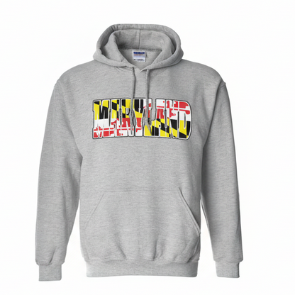 Maryland Flag Letter Hoodie Grey with MARYLAND Lettering Filled with Maryland State Flag Pattern