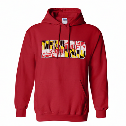Maryland Flag Letter Hoodie Red with MARYLAND Lettering Filled with Maryland State Flag Pattern