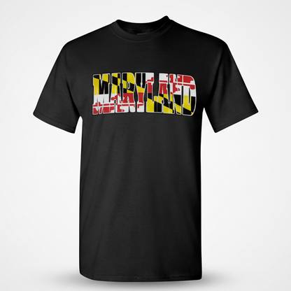 Maryland Flag Letter T-Shirt Black with MARYLAND Lettering Filled with Maryland State Flag Pattern