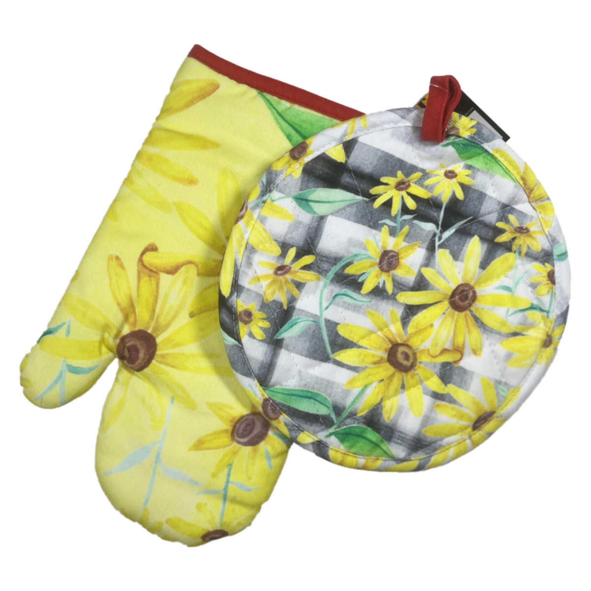 Yellow floral oven mitt and round checked pot holder with Black Eyed Susan flowers and red trim