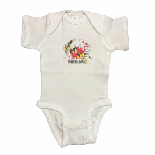 Maryland Crab One Piece Baby Suit White with Maryland Flag Crab Graphic for Babies