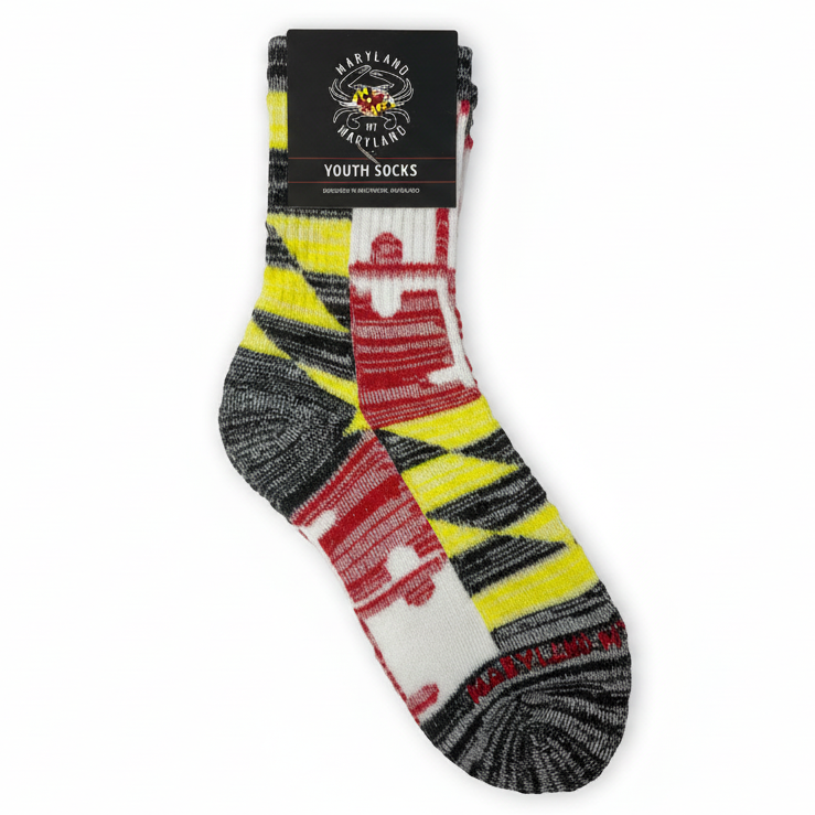 Maryland Flag Youth Crew Socks with heather grey knit and Maryland state flag design