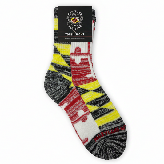 Maryland Flag Youth Crew Socks with heather grey knit and Maryland state flag design