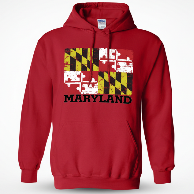 Maryland Rugged Flag Hoodie Red with Distressed Maryland State Flag Graphic