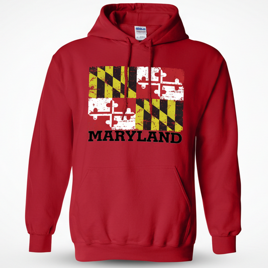 Maryland Rugged Flag Hoodie Red with Distressed Maryland State Flag Graphic